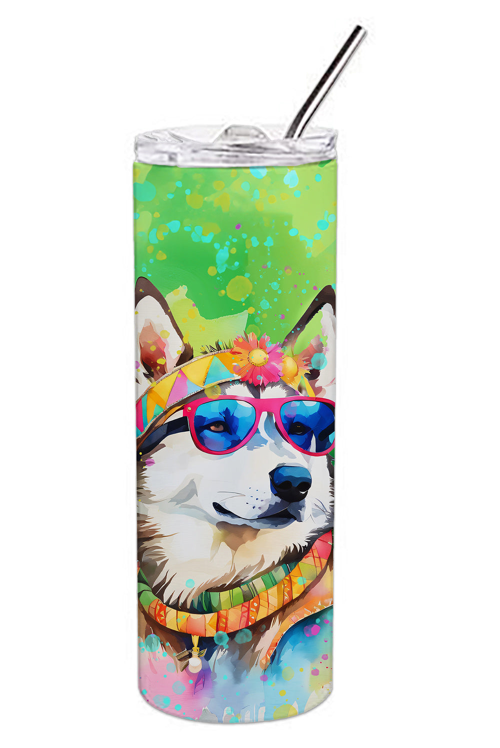 Siberian Husky Hippie Dawg Stainless Steel Skinny Tumbler Vacuum Double Walled Reusable Insulated Tumbler Travel Cup for Coffee Cocktails Gift with Lid, 20 oz