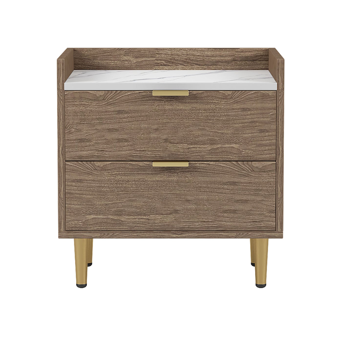 Wooden Nightstand with 2 Drawers and Marbling Worktop, Mordern Wood Bedside Table with Metal Legs&Handles, Walnut