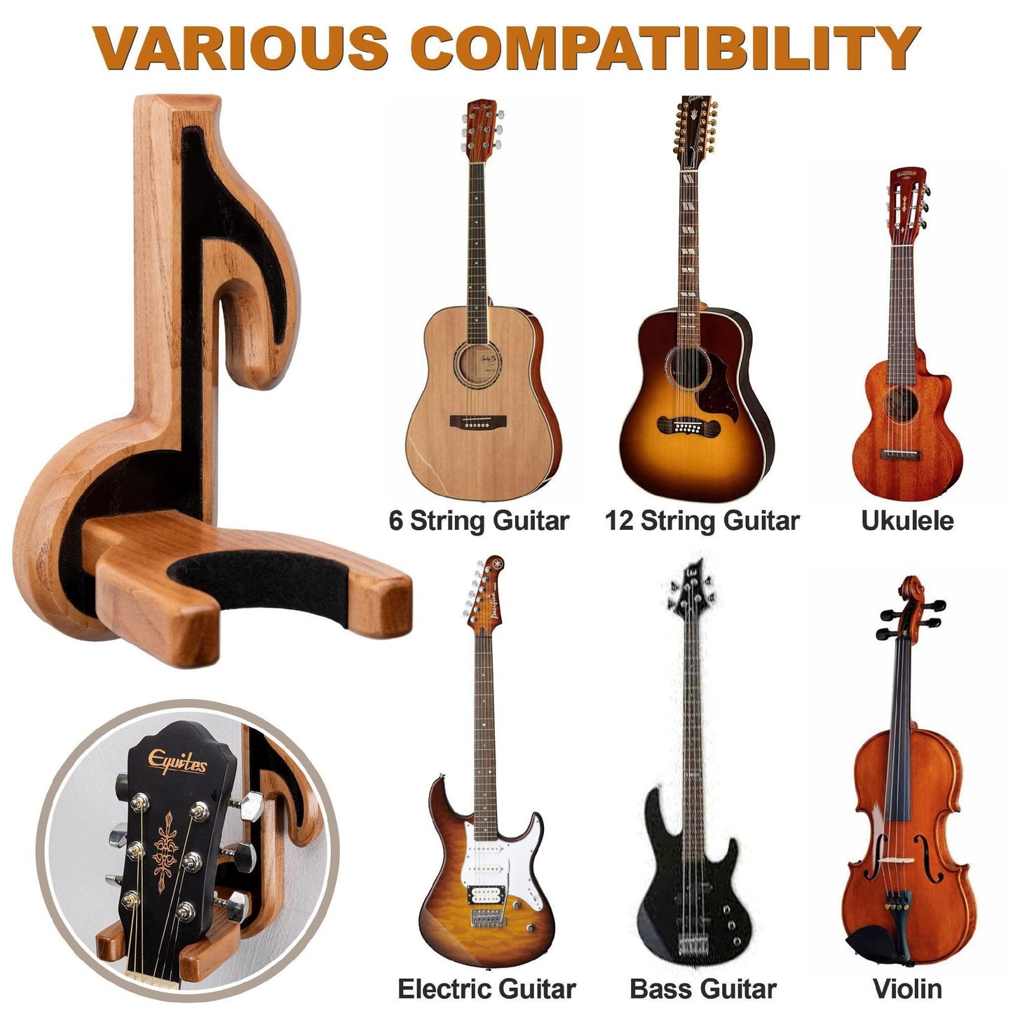 Guitar Holder Wall Mount Ash Wood Wooden Guitar Hanger Hook Stand Rack Guitar Hanger for Electric Classic Acoustic and Bass Guitar Musical Instruments Hardwood