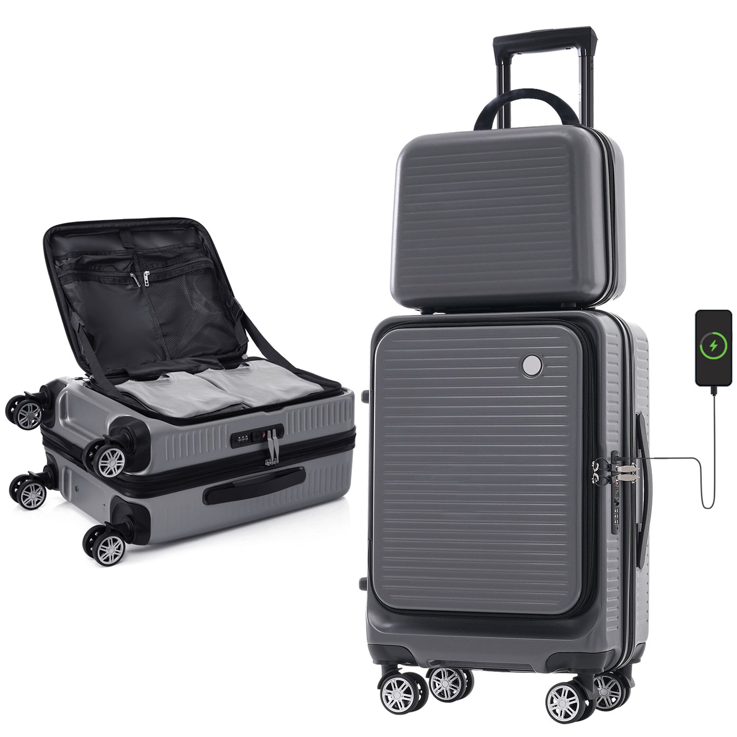 Carry-on Luggage 20 Inch Front Open Luggage Lightweight Suitcase with Front Pocket and USB Port, 1 Portable Carrying Case