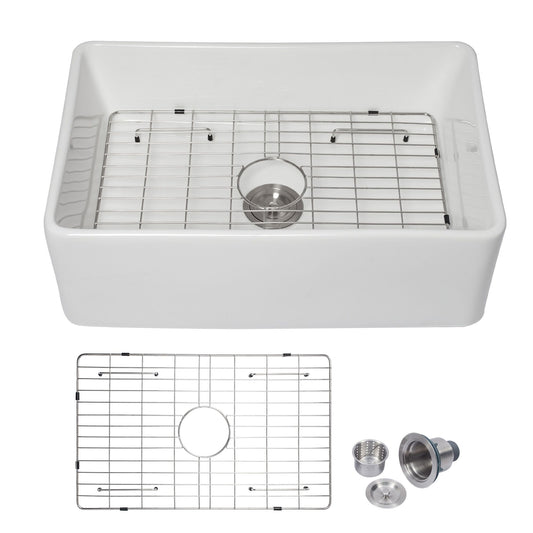 White Undermount Farmhuose Ceramic Kitchen Sink, Deep Apron Single Bowl Farm Sink with Bottom Grid