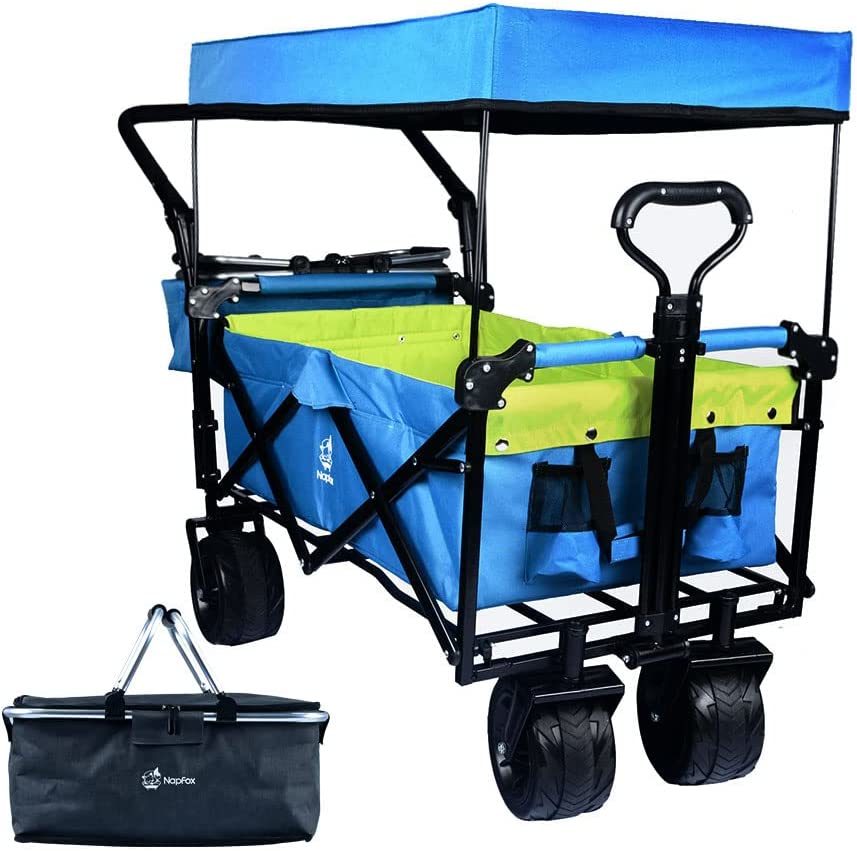 Collapsible Wagon Heavy Duty Folding Wagon Cart with Removable Canopy, 4" Wide Large All Terrain Wheels, Brake, Adjustable Handles,Cooler Bag Utility Carts for Outdoor Garden Beach