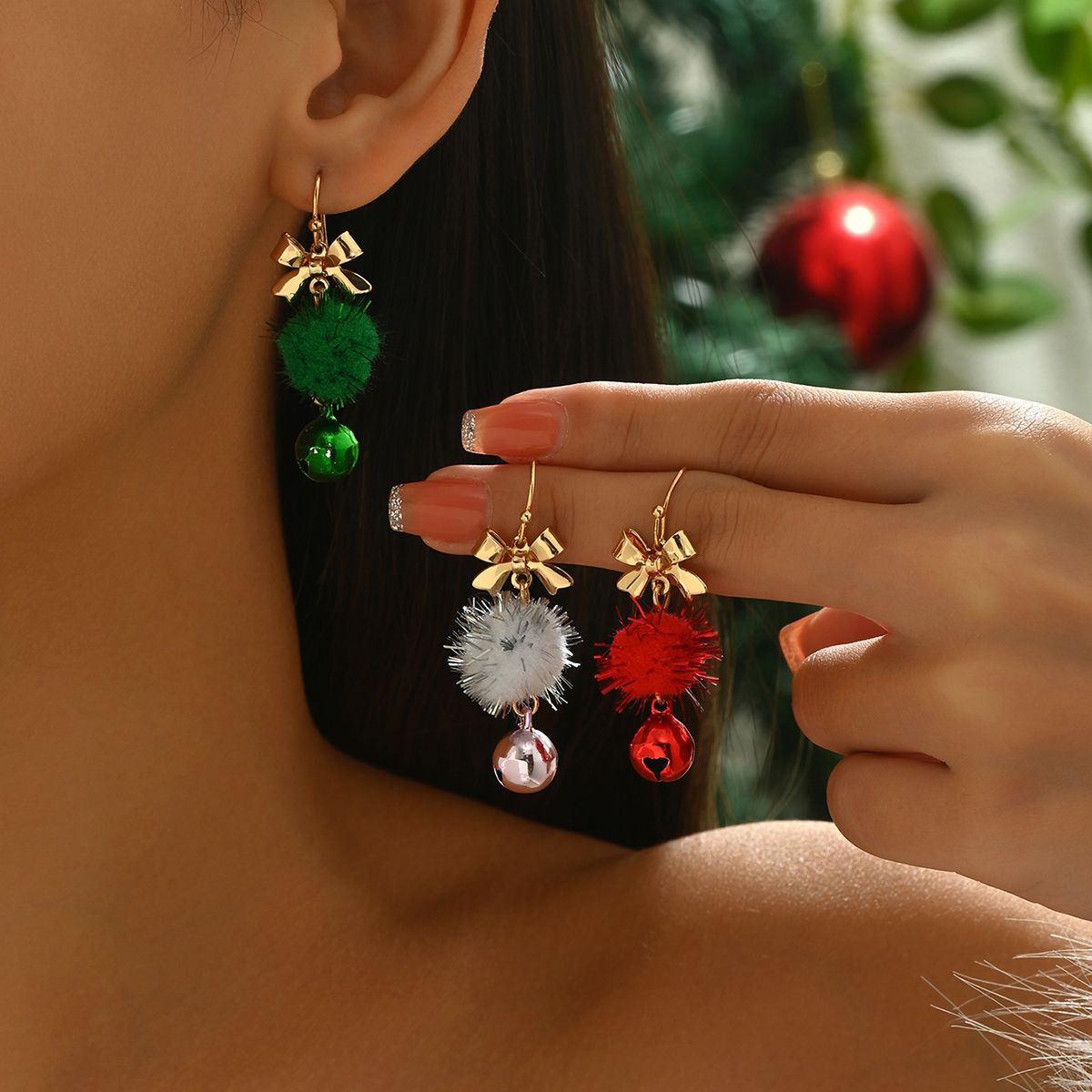 Christmas Themed Pom-Pom Dangle Earrings -  Festive and Fun Accessories for Women