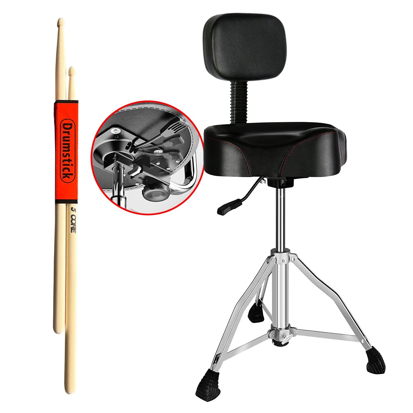 5 CORE Drum Throne with Backrest Thick Padded Adjustable Guitar Stool Motorcycle Style Saddle Music Chair Seat for Adult Drummers - DS CH BLK REST-LVR