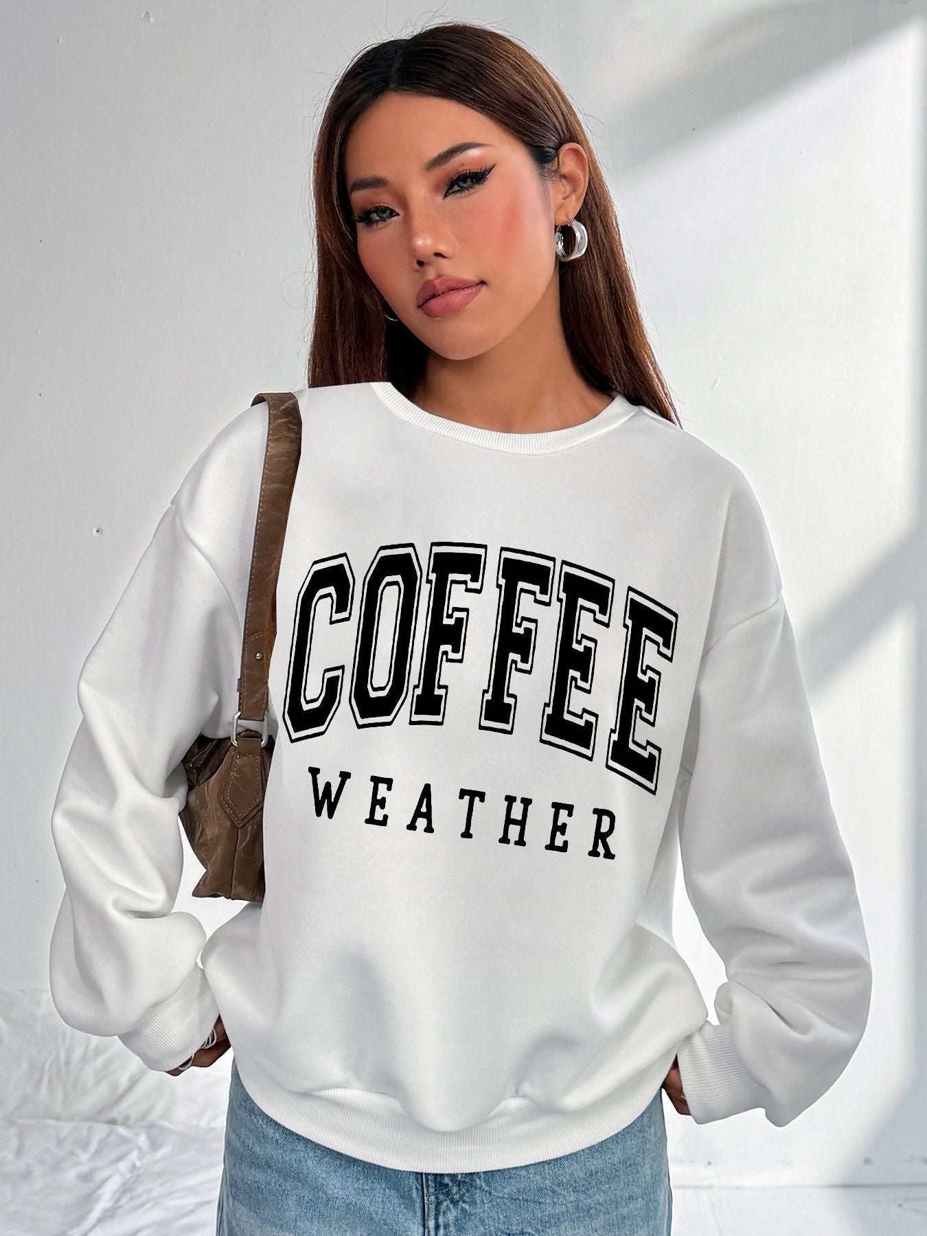 Women Basic Casual Pullover Spring Autumn Long Sleeve Coffee Letter Round Neck