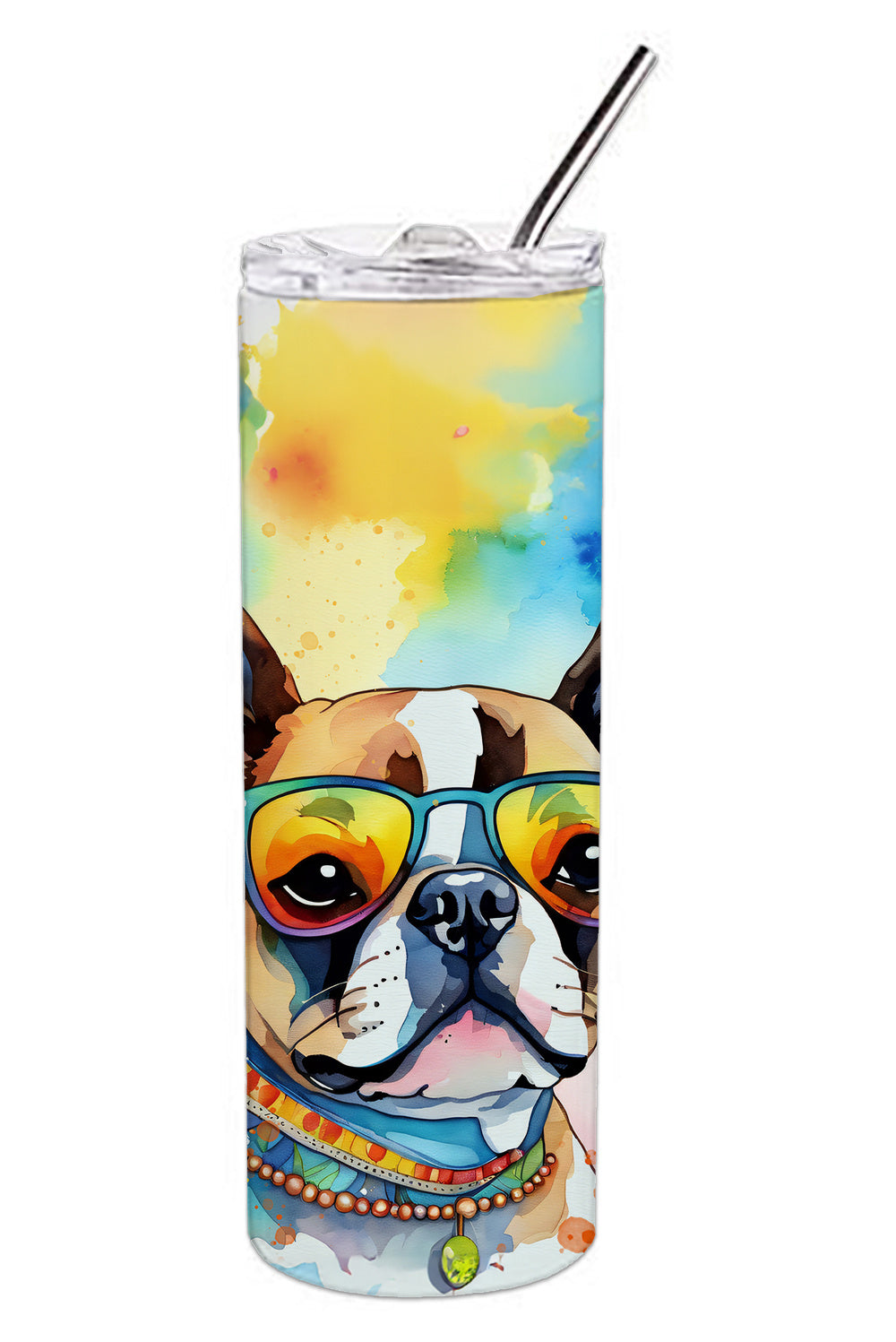 Boston Terrier Hippie Dawg Stainless Steel Skinny Tumbler Vacuum Double Walled Reusable Insulated Tumbler Travel Cup for Coffee Cocktails Gift with Lid, 20 oz