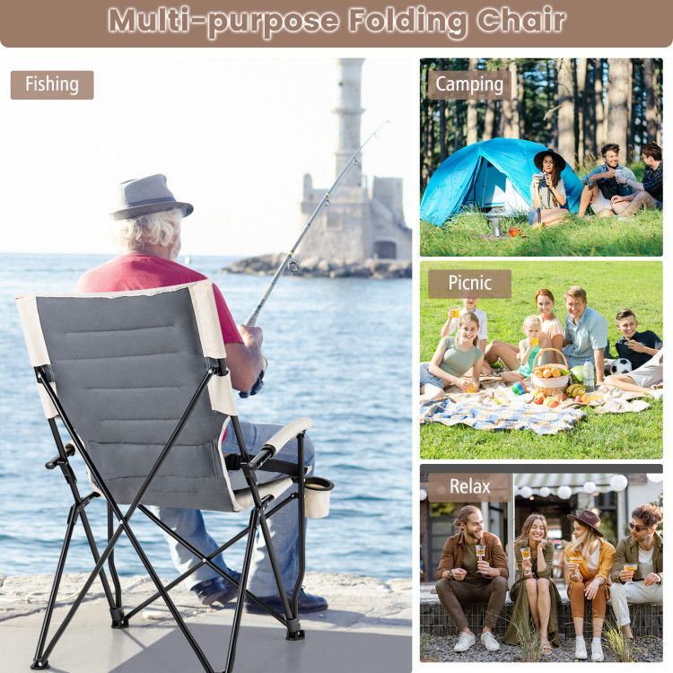 Folding Camping Chair with Cup Holder Armrest and Lumbar Pillow