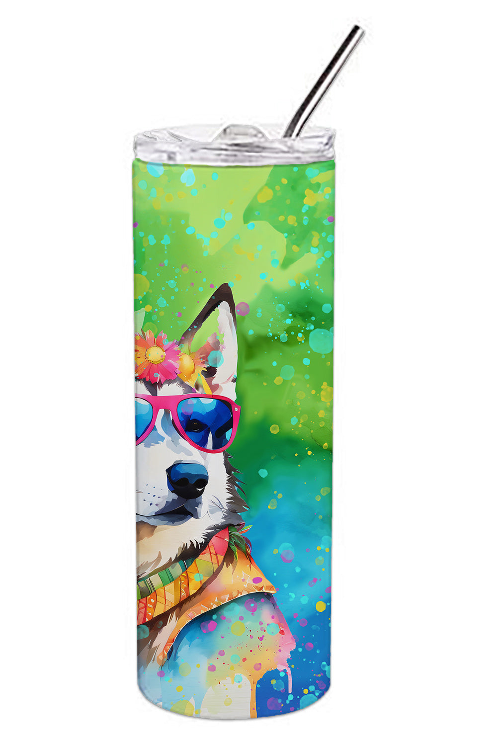 Siberian Husky Hippie Dawg Stainless Steel Skinny Tumbler Vacuum Double Walled Reusable Insulated Tumbler Travel Cup for Coffee Cocktails Gift with Lid, 20 oz