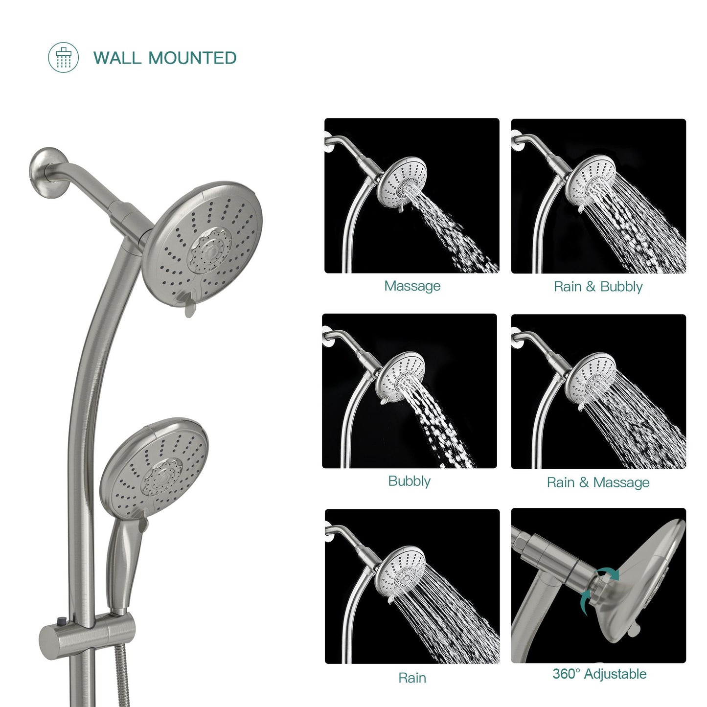 5-Inch 5-Function Wall mount High Pressure Rainfall ABS Dual Round Shower Head with Handheld Combo 304 Stainless Steel Shower Hose