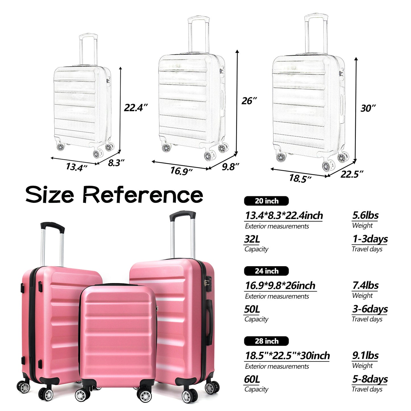 3-Piece Luggage(20inches,24inches,28inches)Featuring 360°Rotating Wheels and TSA Lock ABS Hard Shell yet Practical Design Suitable for both Men and Women