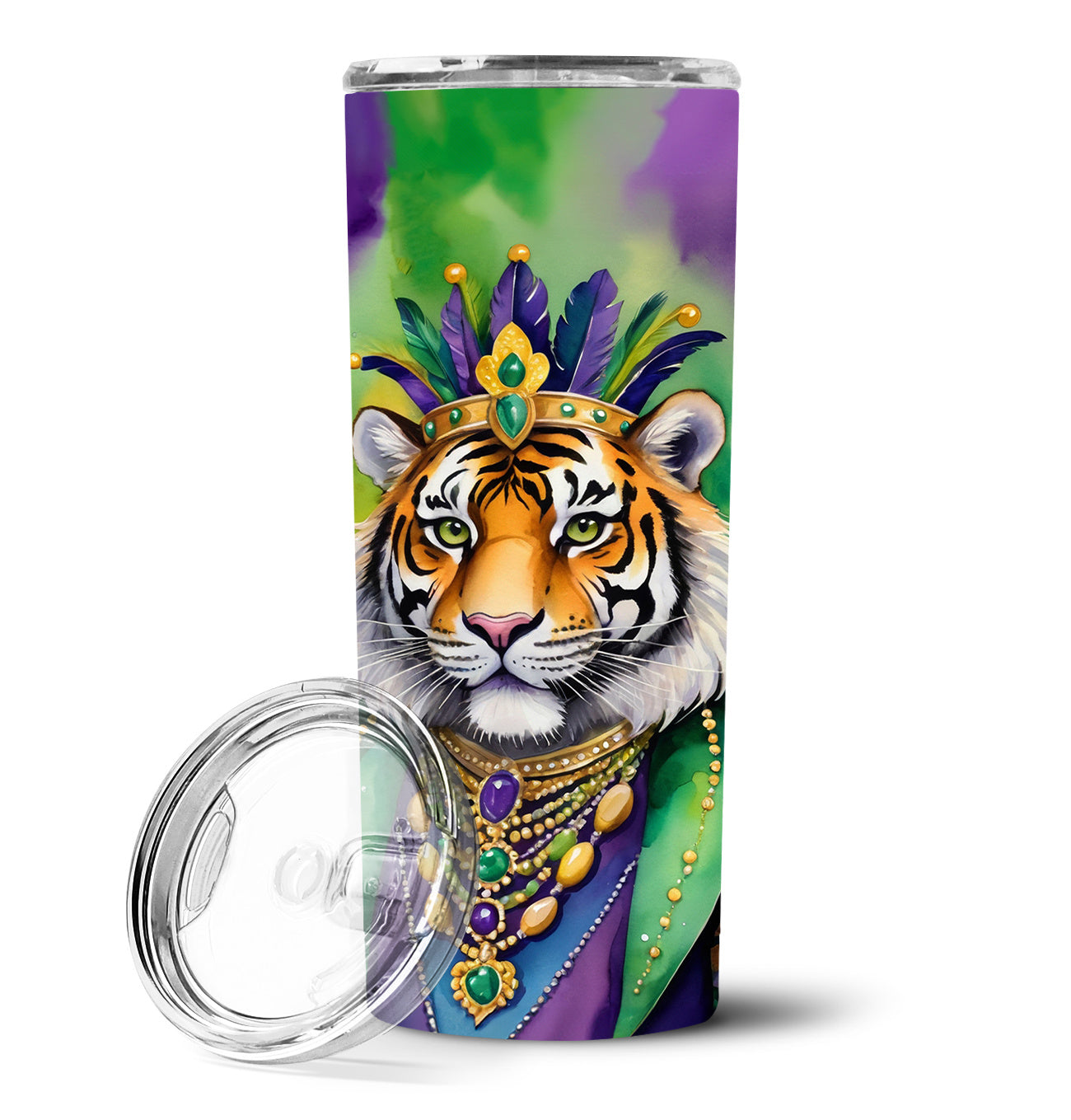 Tiger the King of Mardi Gras Stainless Steel Skinny Tumbler Vacuum Double Walled Reusable Insulated Tumbler Travel Cup for Coffee Cocktails Gift with Lid, 20 oz