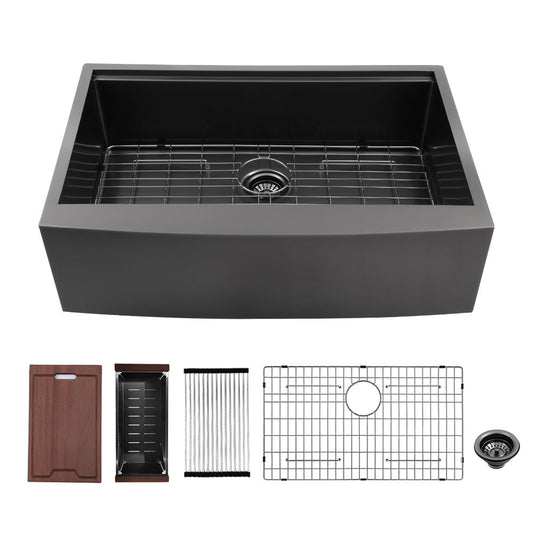 Gunmetal Black Farmhouse Apron Workstation Kitchen Sink,Single Bowl Stainless Steel Kitchen Sink with Strainer