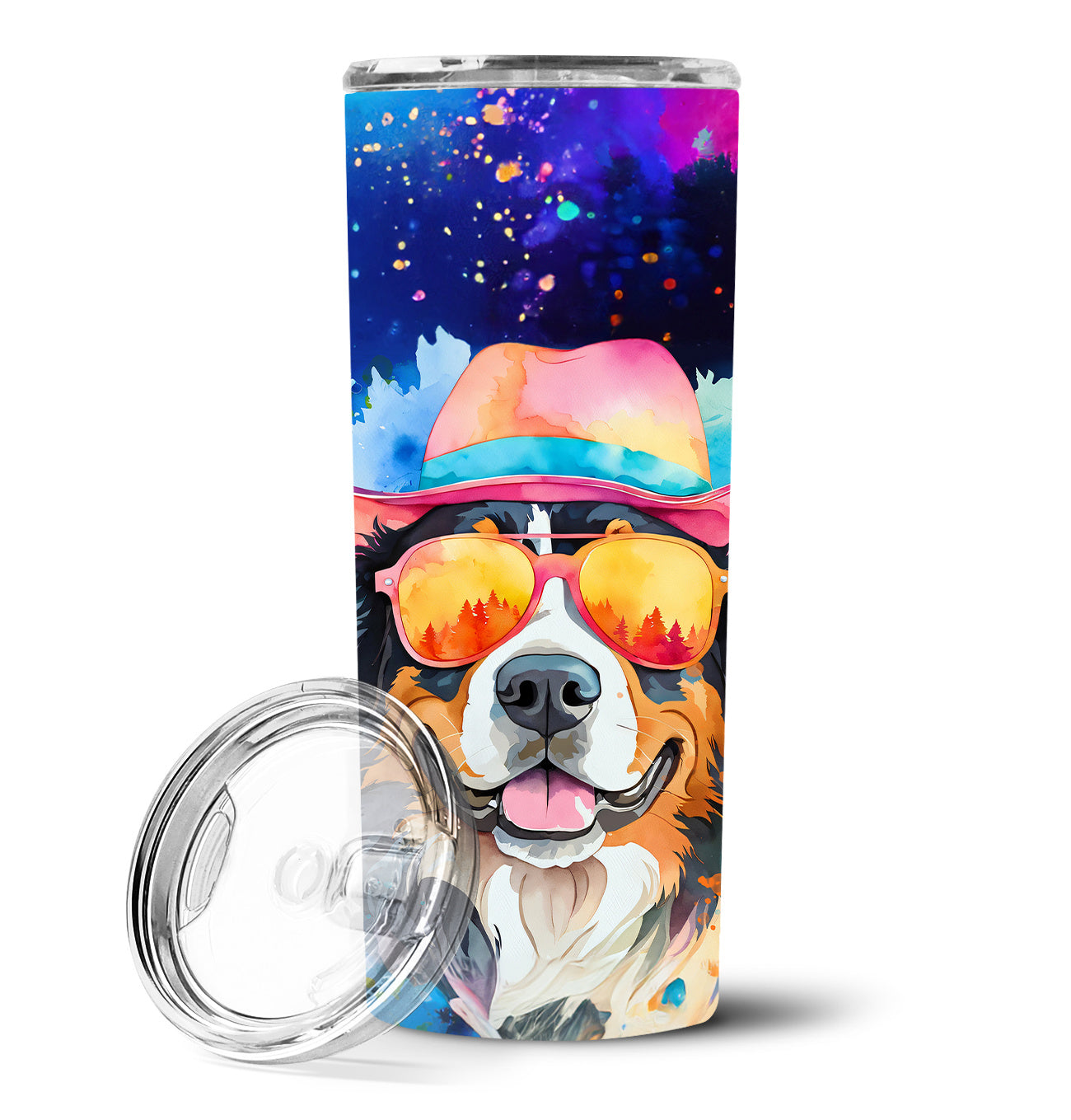 Bernese Mountain Dog Hippie Dawg Stainless Steel Skinny Tumbler Vacuum Double Walled Reusable Insulated Tumbler Travel Cup for Coffee Cocktails Gift with Lid, 20 oz