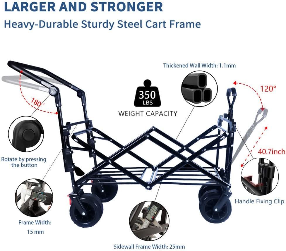 Collapsible Wagon Heavy Duty Folding Wagon Cart with Removable Canopy, 4" Wide Large All Terrain Wheels, Brake, Adjustable Handles,Cooler Bag Utility Carts for Outdoor Garden Beach