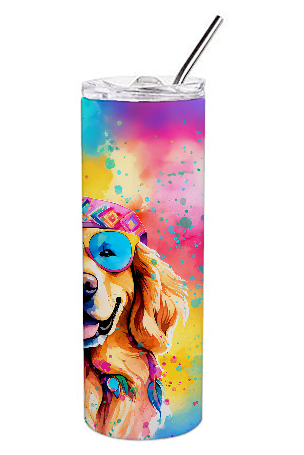 Golden Retriever Hippie Dawg Stainless Steel Skinny Tumbler Vacuum Double Walled Reusable Insulated Tumbler Travel Cup for Coffee Cocktails Gift with Lid, 20 oz