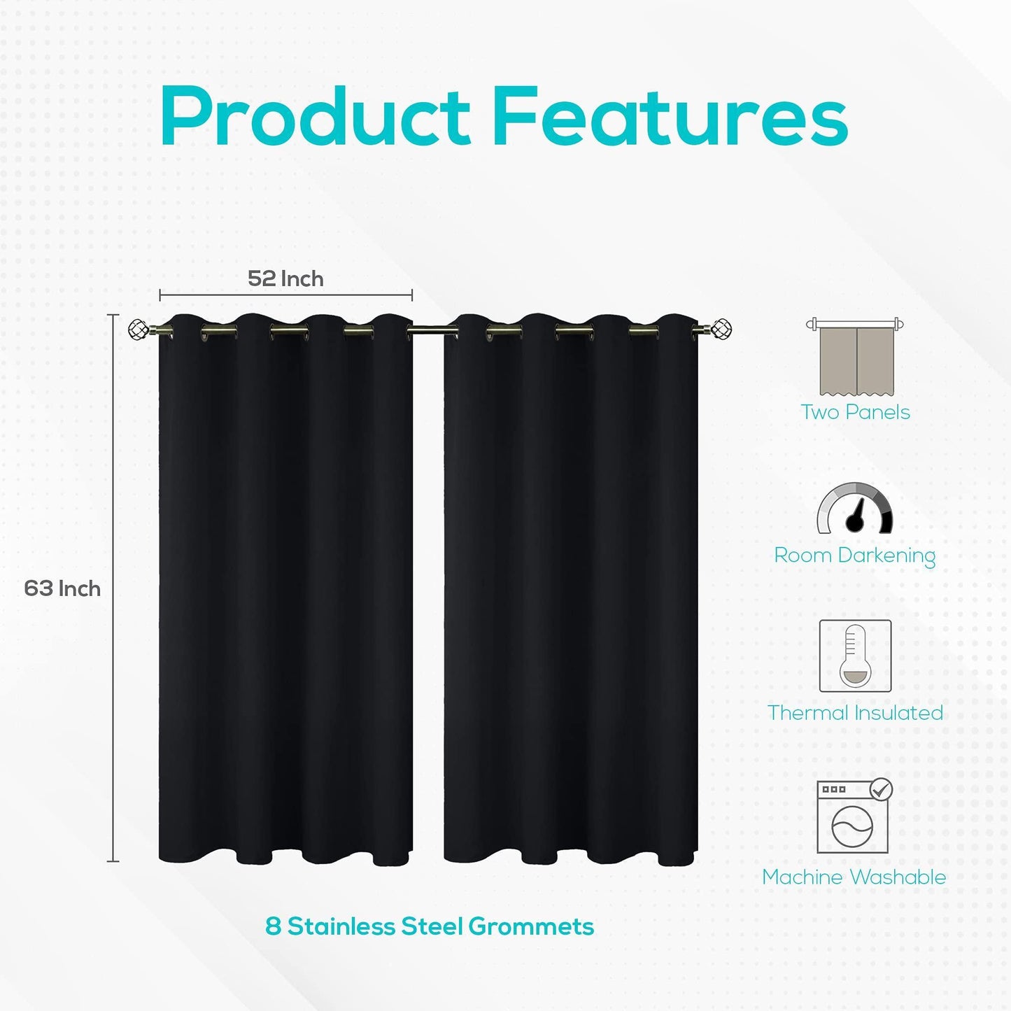 Blackout Curtains for Bedroom Pack of 2 Window Hanging Panels 63 inch Long Blind Off Grommet Curtains Thick Black Out Window Screen No Light Drapes 52 x 63 inch Black