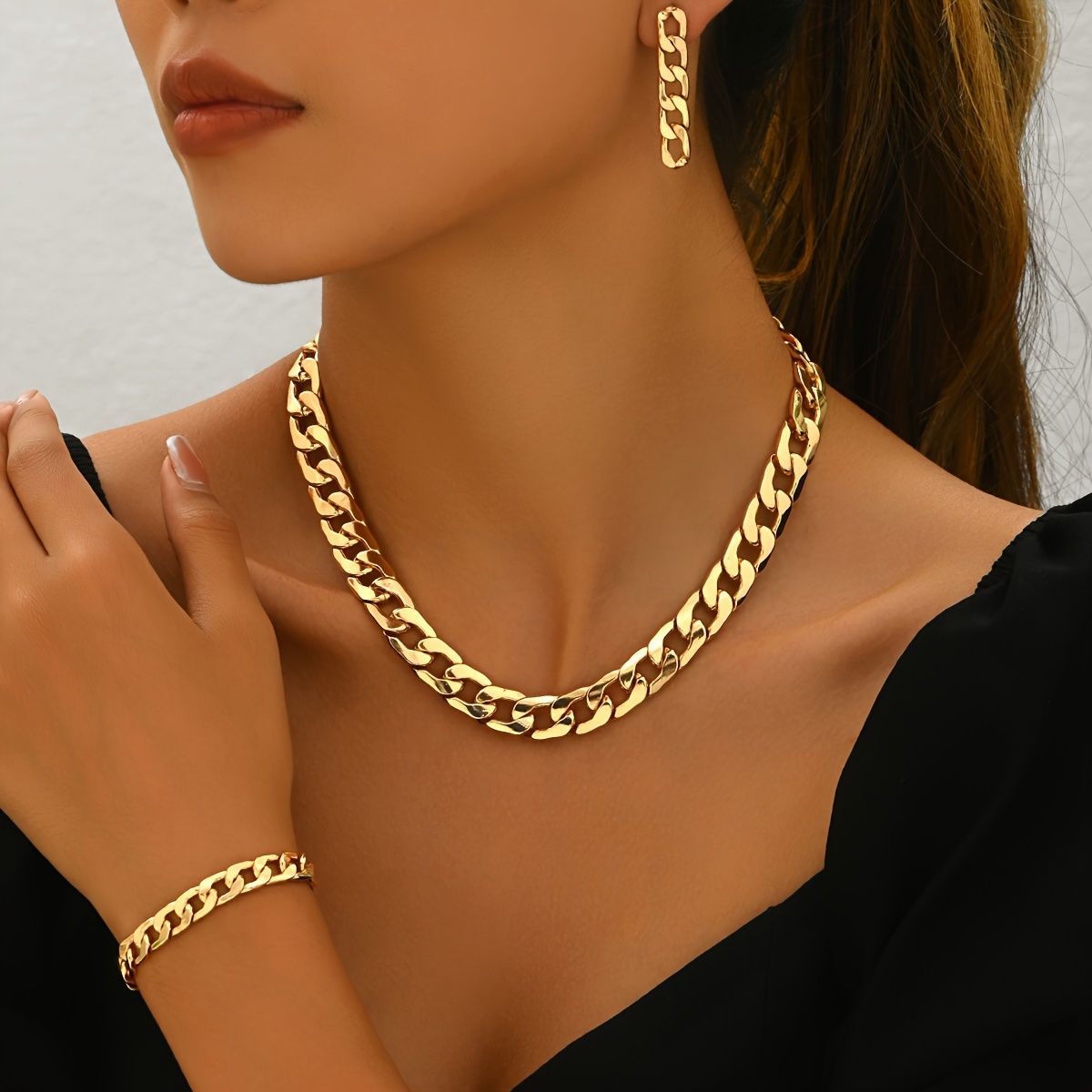 Stylish Gold Chain Link Necklace,  Bracelet, and Earring Set