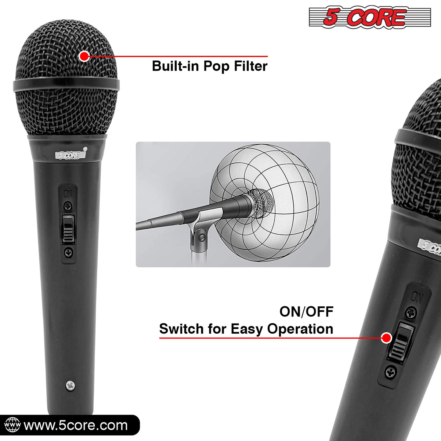 5 Core Microphone Pair XLR Dynamic Mic Karaoke Singing Handheld Microfono Wired Professional Unidirectional 1/4 Plug In Cord Connection for Vocal DJ Music - PM 1O1 BLK