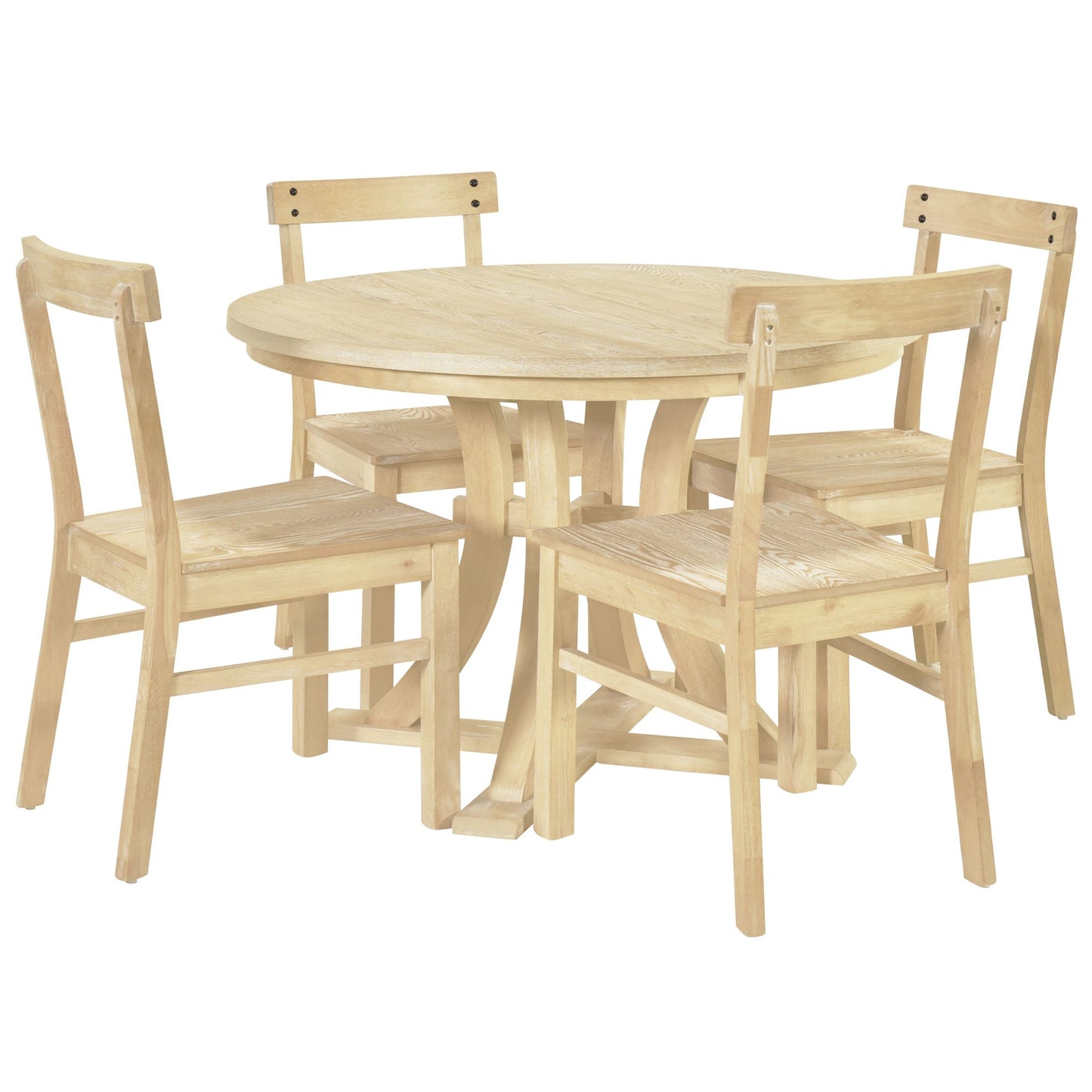 5-Piece Rustic Round Pedestal Extendable Dining Table Set with 15.7\" Removable Leaf and Simple Dining Chirs for Small Places