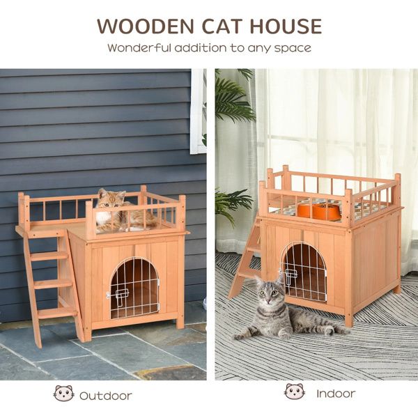 Natural Wood 2-Level Wooden Cat House with Lockable Wire Door