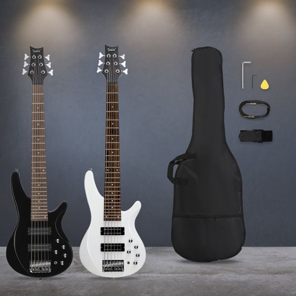 [Do Not Sell on Amazon]Glarry 44 Inch GIB 6 String H-H Pickup Laurel Wood Fingerboard Electric Bass Guitar with Bag and other Accessories White