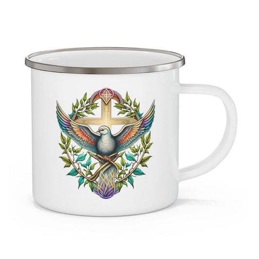 Enamel Camping Mug, Blue Green Multicolor Dove Floral Illustration