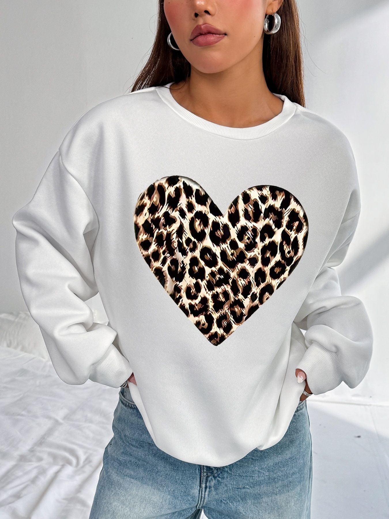 Women Basic Casual Pullover Spring Autumn Long Sleeve Leopard Print Love Printed Round Neck