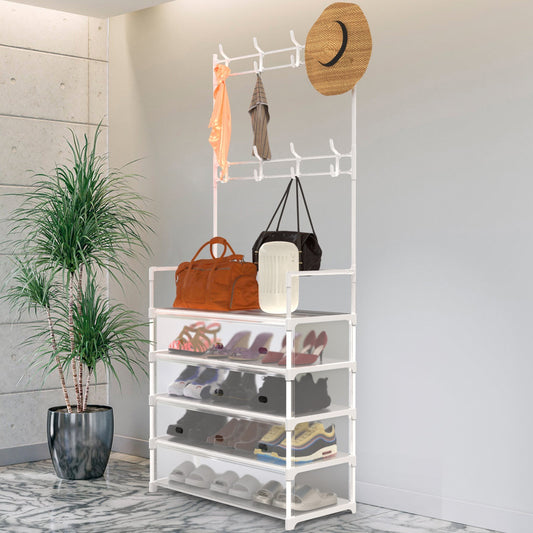 5-Tier Dustproof Entryway Hall Tree Coat Rack Shoe Rack With 8 Removable Hooks Freestanding Shoe Storage Shelf Hat Clothes Organizer For Front Door Bedroom Entryway