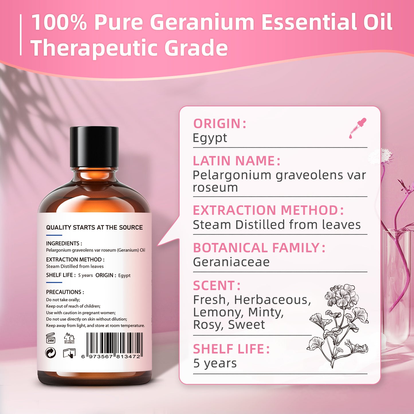 HIQILI 100ML Geranium Essential Oils,100% Pure Nature for Aromatherapy, Diffuser, Humidifier, Massage, Relieve Anxiety & Stress