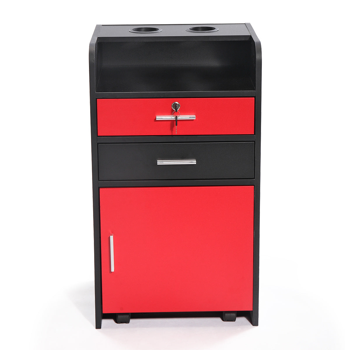 Salon Beauty Cabinet, 3-Layer Rolling Trolley with Storage Drawer, Wheels and 2 Hair Dryer Holders, Black+Red