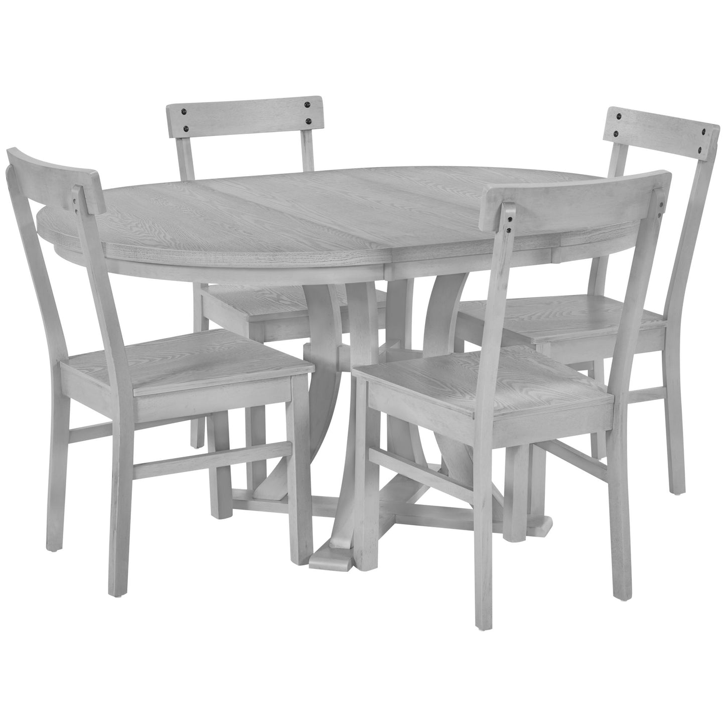 5-Piece Rustic Round Pedestal Extendable Dining Table Set with 15.7\" Removable Leaf and Simple Dining Chirs for Small Places