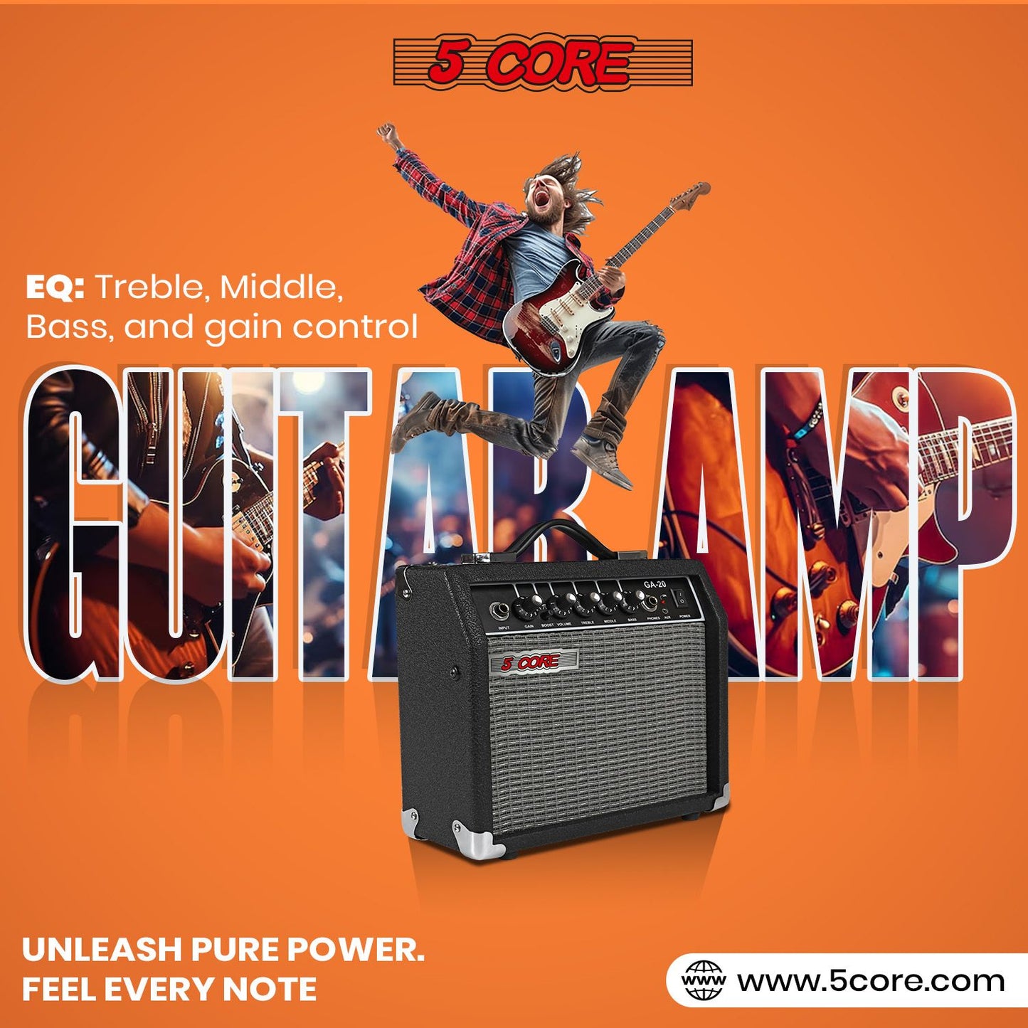 5 Core Guitar Amp 20W Amplifier for Electric Bass Acoustic Practice Amps Small Portable Mini Amplificador para Bajo with Built in Effects - GA 20 BLK