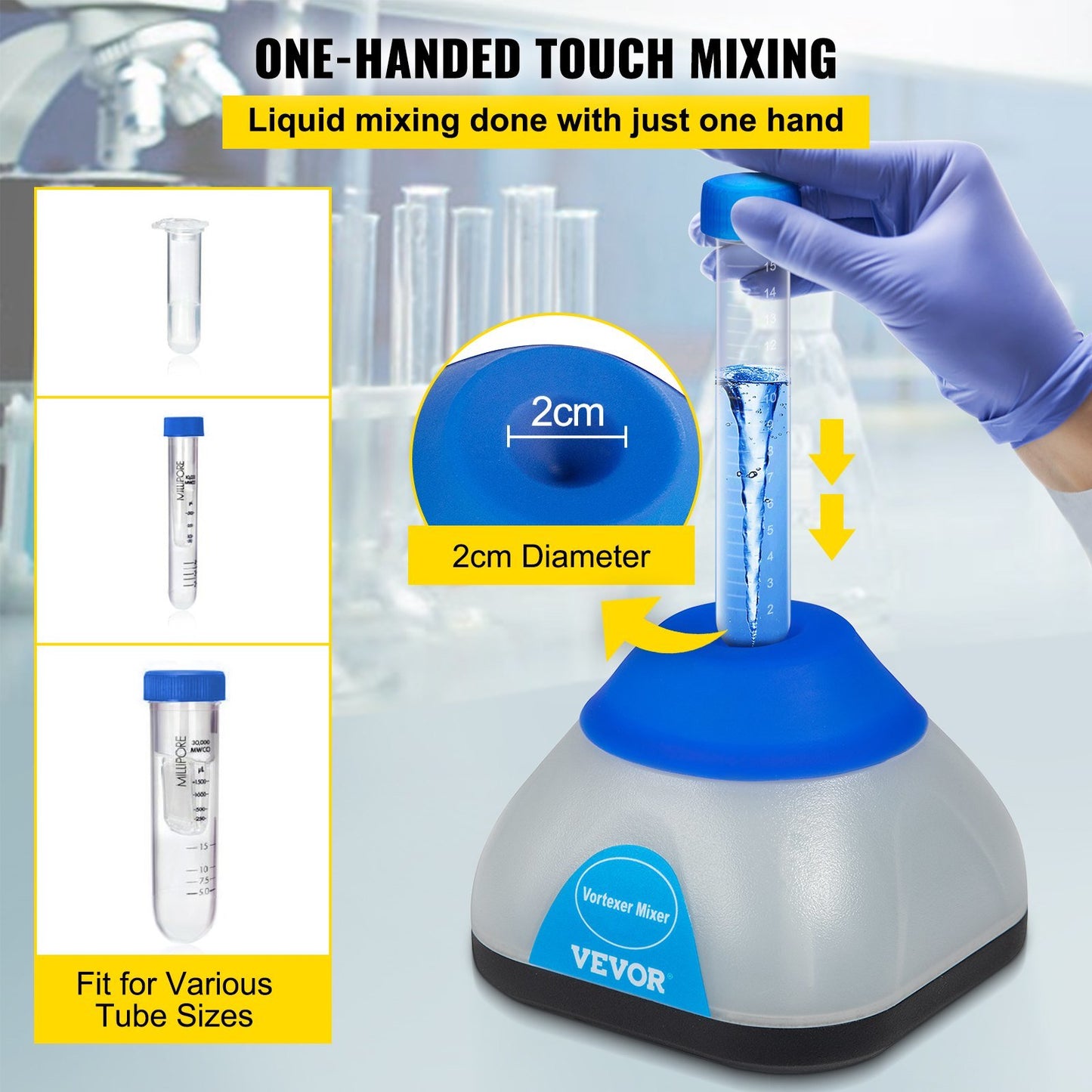 VEVOR Vortex Mixer, 3000rpm Mini Vortex Mixer Shaker, Touch Function Scientific Lab Vortex Shaker, Mix Up to 50ml, 6mm Orbital Diameter for Test Tube, Tattoo Ink, Nail Polish, Eyelash Adhesives, Paint