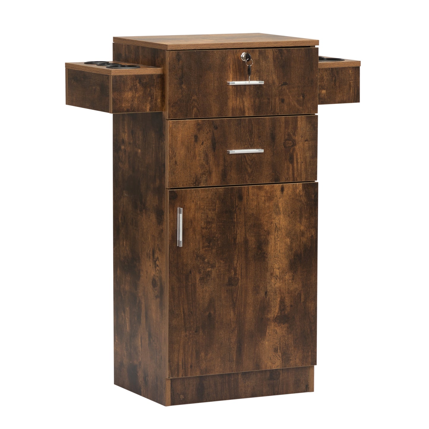 Locking Beauty Salon Station, Hair Styling Barber Station, Spa Salon Equipment with Small Cabinet, Pull-out Drawers, Dryer Holders, Rustic Brown