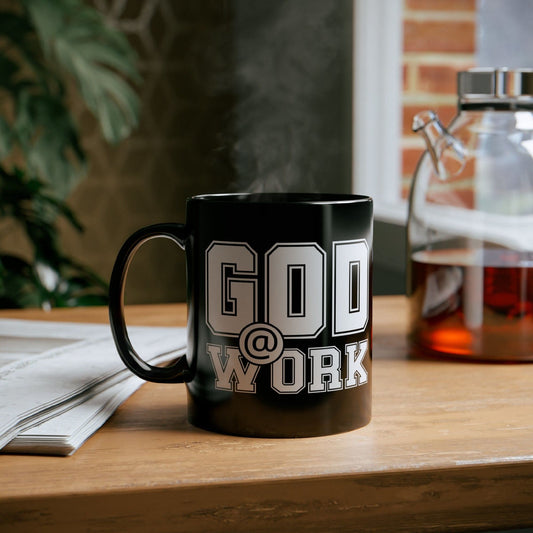 Black Ceramic Mug - 11oz, God @ Work White And Black Print