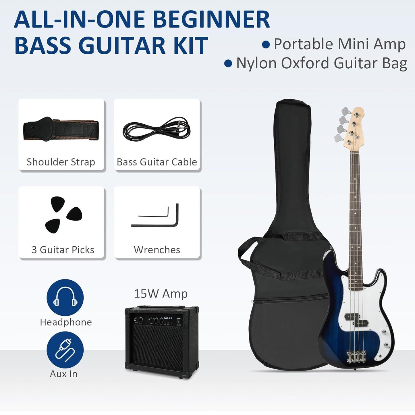 46 Inch Full Size Electric Bass Guitar Kit PB style for Beginners with Amplifier, Blue and White