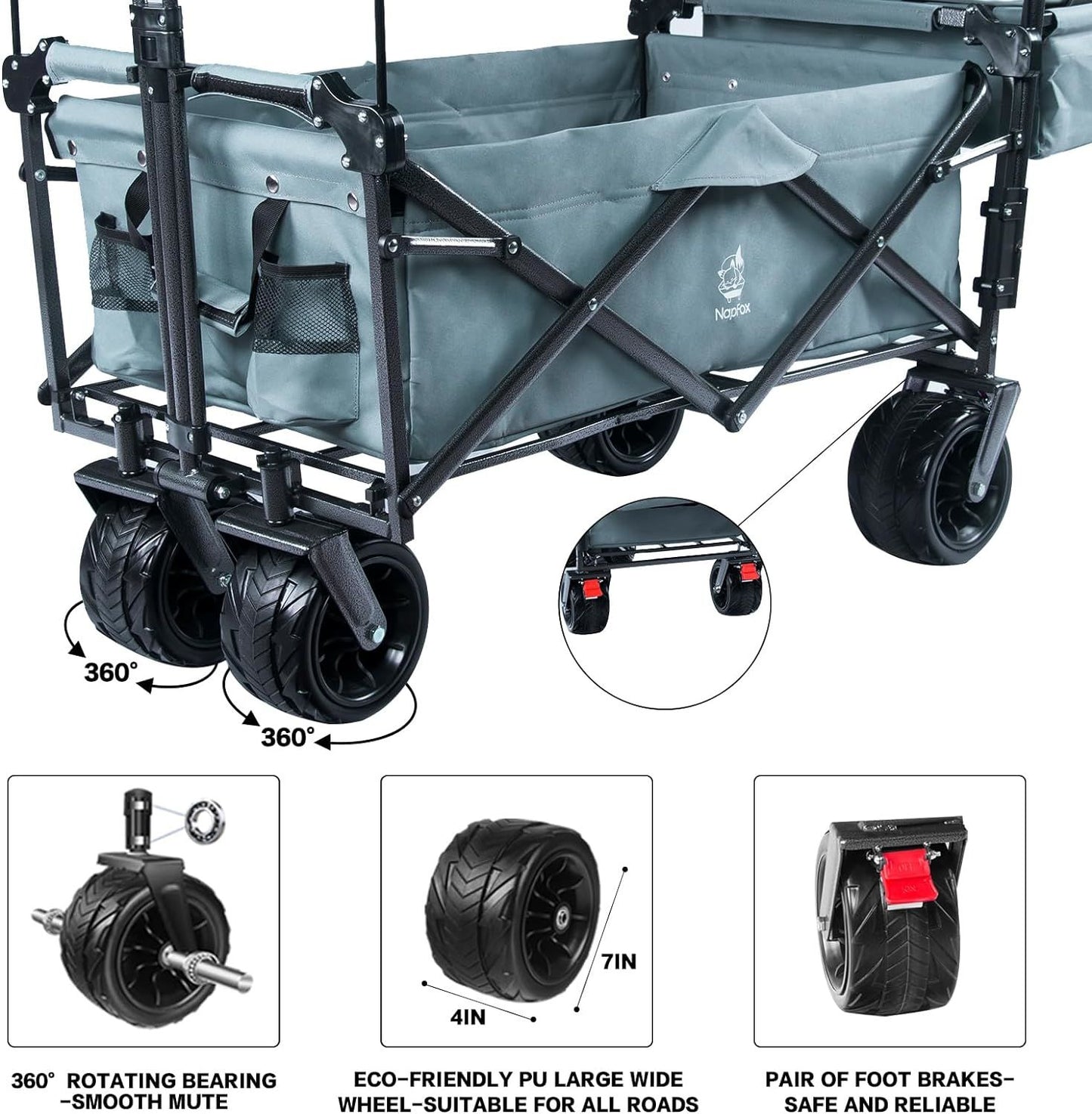 Collapsible Wagon Heavy Duty Folding Wagon Cart with Removable Canopy, 4" Wide Large All Terrain Wheels, Brake, Adjustable Handles,Cooler Bag Utility Carts for Outdoor Garden Beach