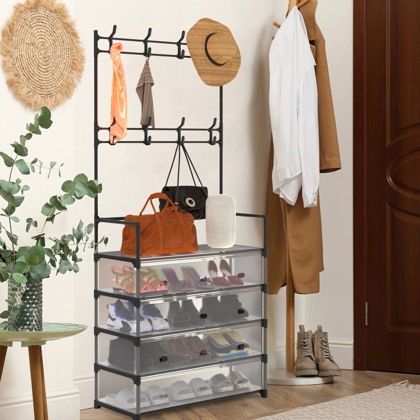 5-Tier Dustproof Entryway Hall Tree Coat Rack Shoe Rack With 8 Removable Hooks Freestanding Shoe Storage Shelf Hat Clothes Organizer For Front Door Bedroom Entryway