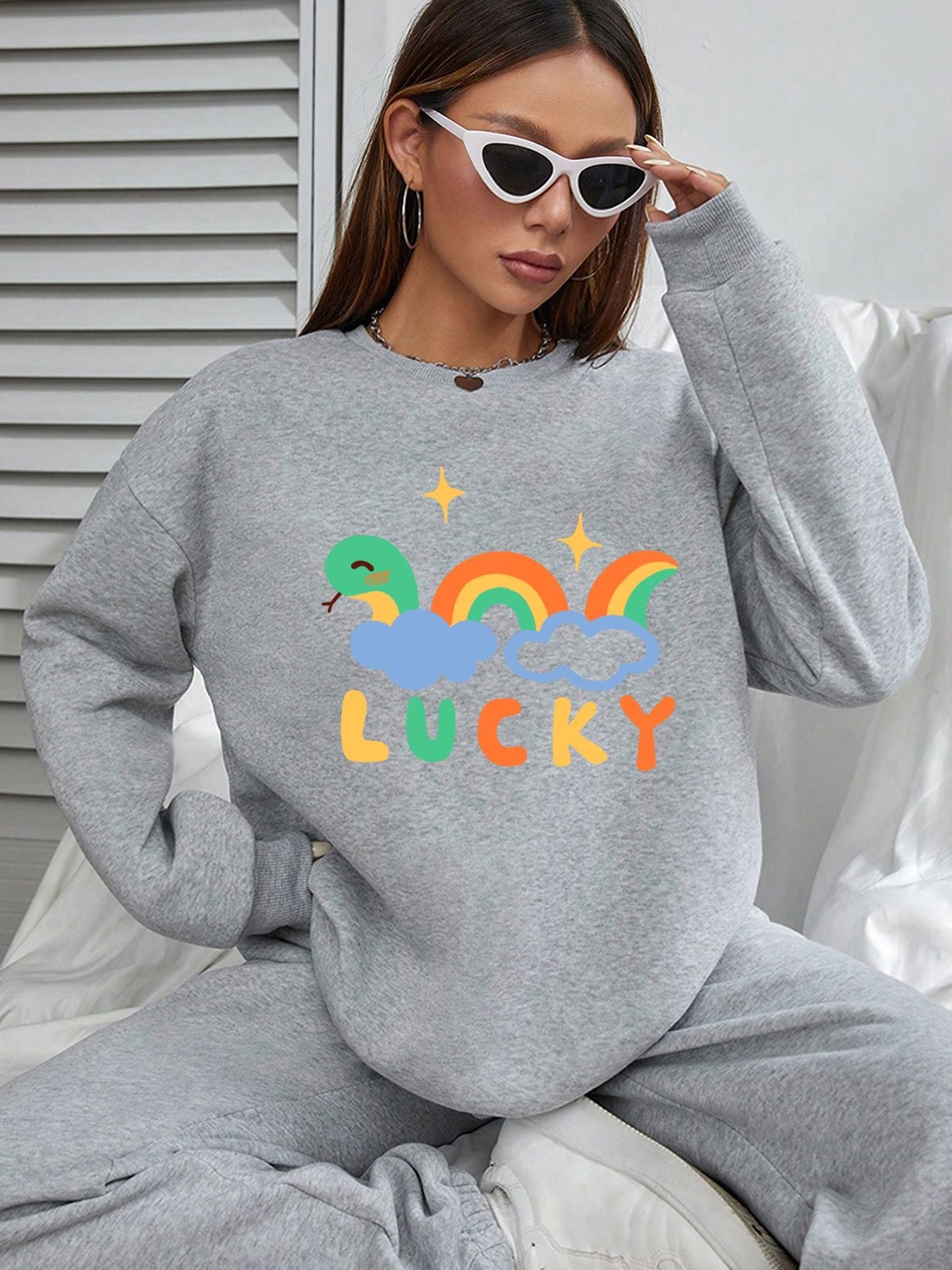 Women Basic Casual Pullover Spring Autumn Long Sleeve Rainbow Snake Printed Round Neck