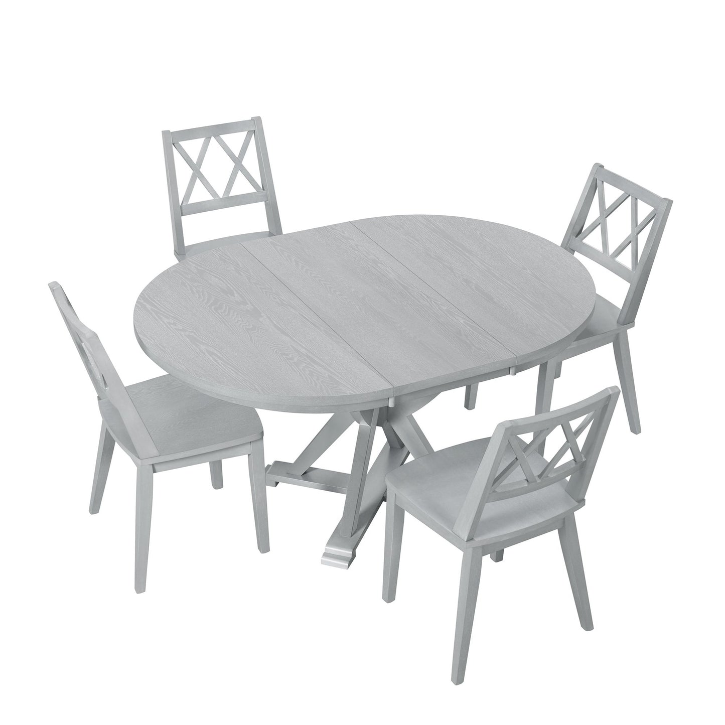 Mid-Century 5-Piece Extendable Round Dining Table Set with 15.7" Removable Leaf and 4 Cross Back Dining Chairs