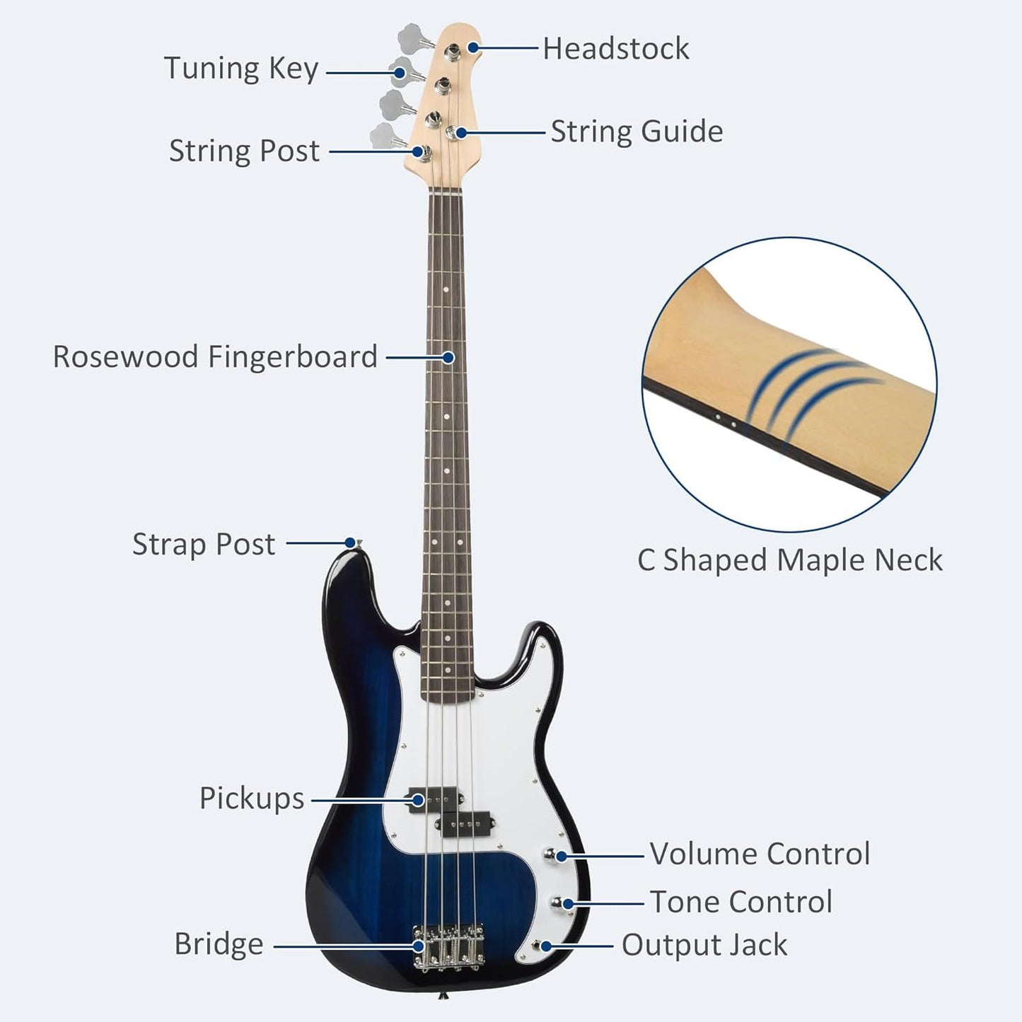 46 Inch Full Size Electric Bass Guitar Kit PB style for Beginners with Amplifier, Blue and White