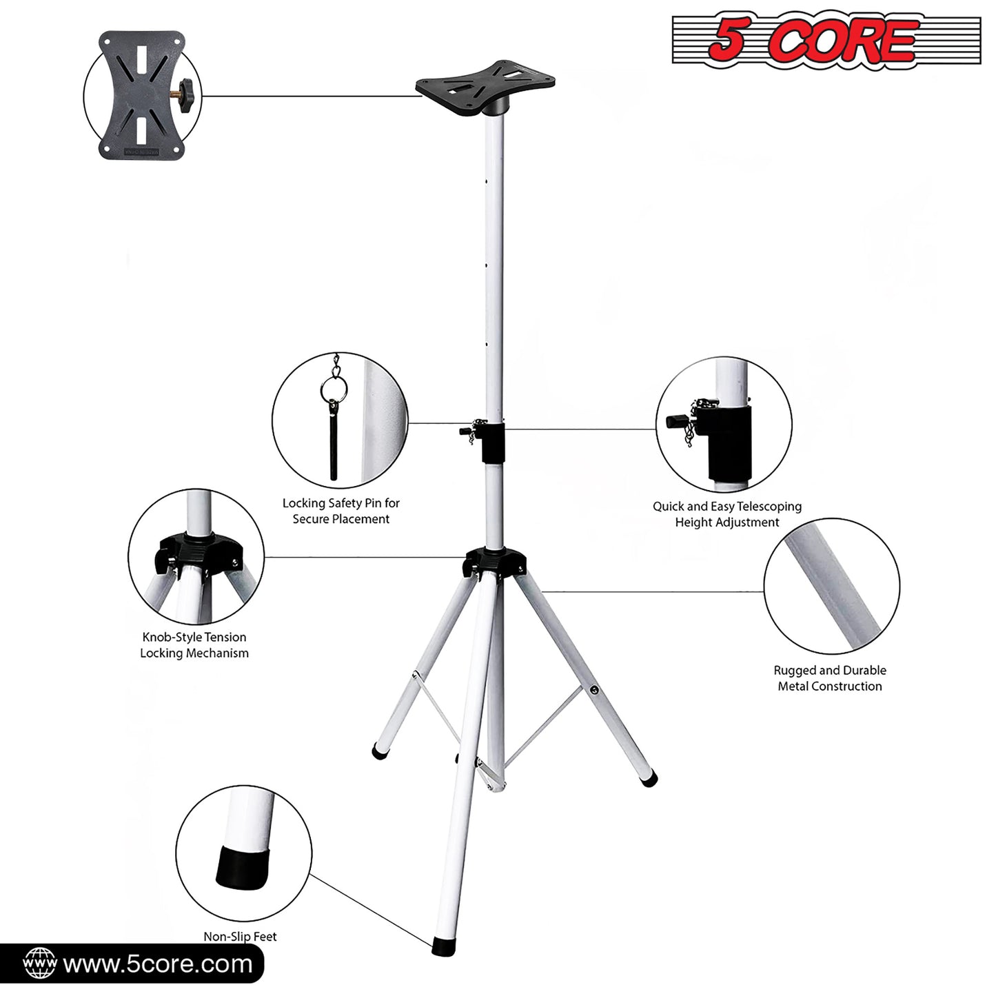 5 Core Speaker Stand Tripod Floor Tall Pair Adjustable Up to 72 Inch DJ Studio Monitor Stands Pole Mount  - SS ECO 2PK WoB