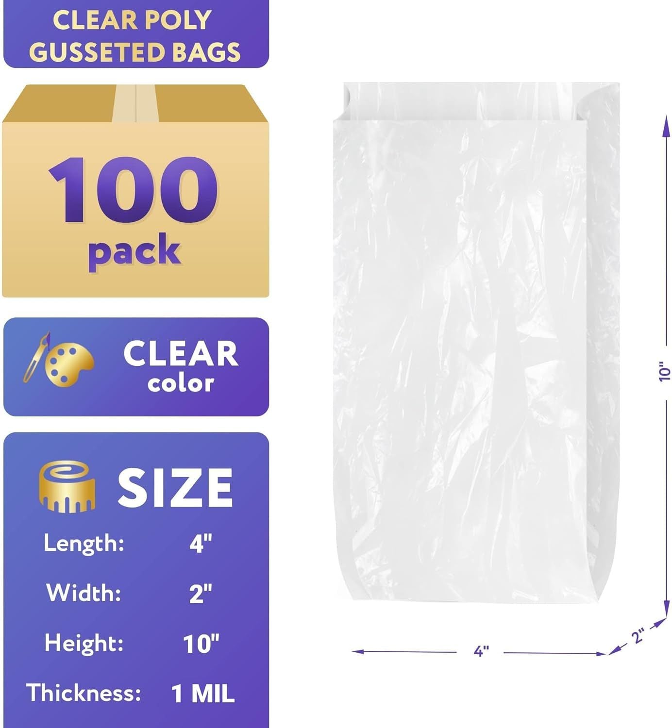 Pack of 100 Clear Gusseted Poly Bags 4 x 2 x 10 Clear Polyethylene Bags 4x2x10 Expandable Side Gusset Bags Open Thickness 1 Mil Ended Bags for Food Service Industrial Health Needs; Wholesale Price