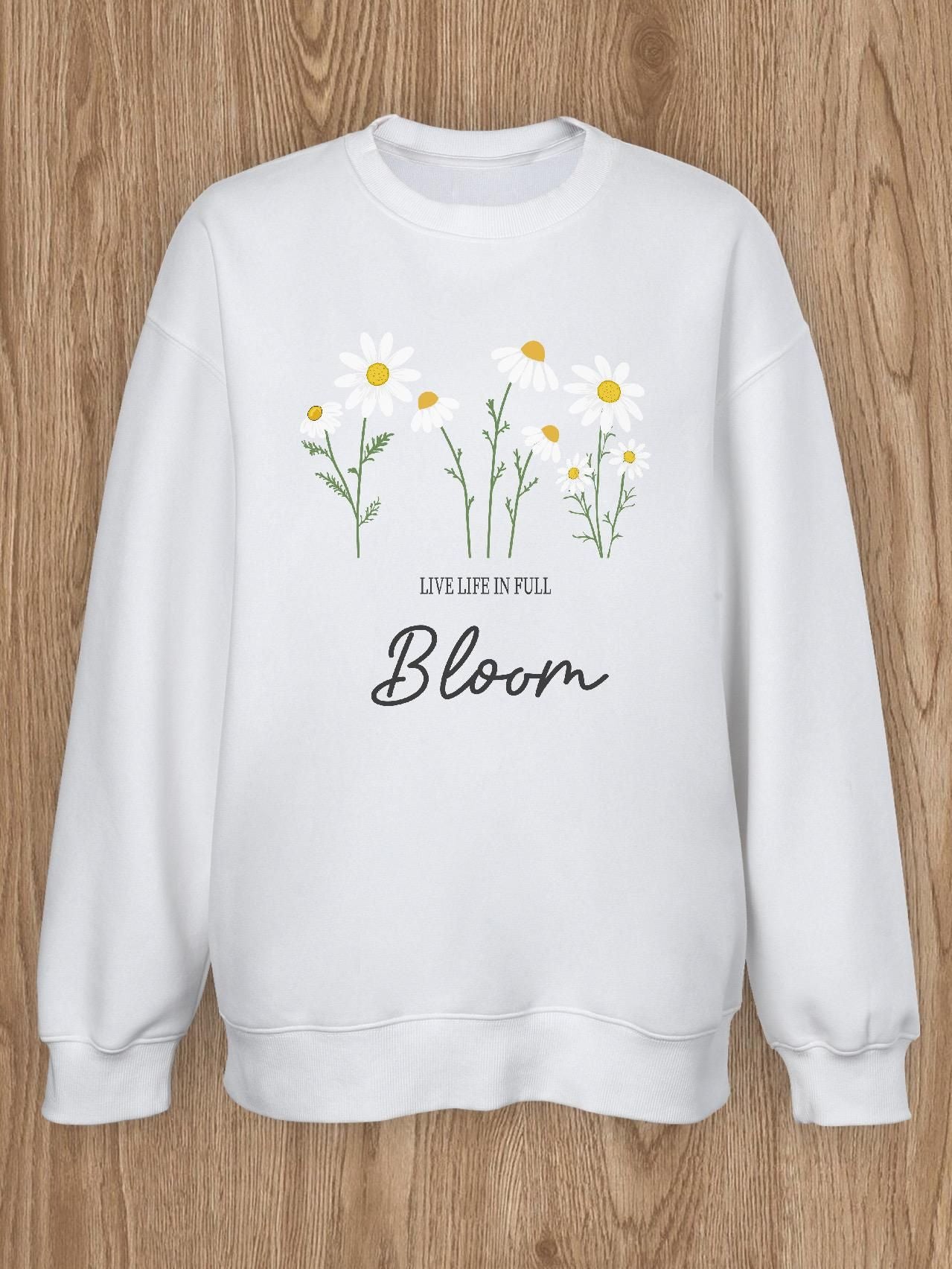 Women Basic Casual Pullover Spring Autumn Long Sleeve Daisy Letters Printed Round Neck