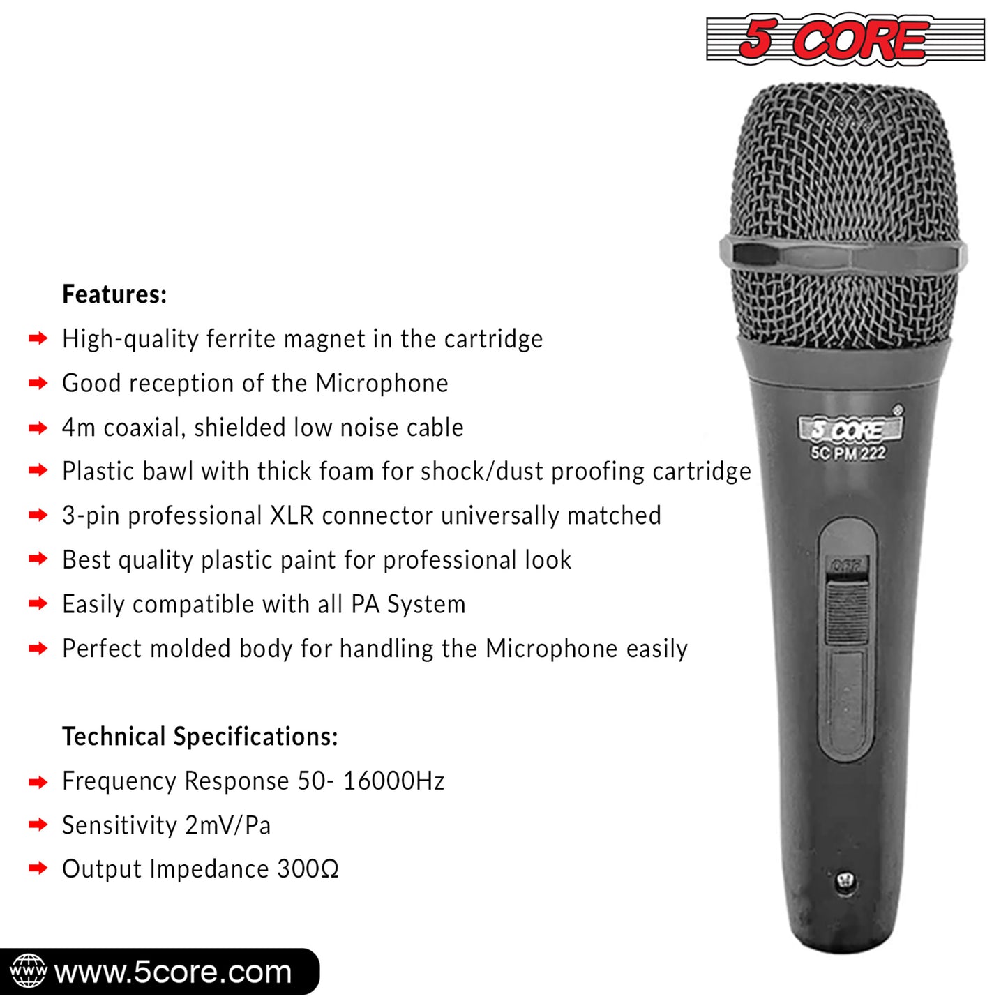 5 Core Microphone XLR Dynamic Mic Karaoke Singing Handheld Microfono Wired Professional Unidirectional 1/4 Plug In Cord Connection for Vocal DJ Music - PM-222