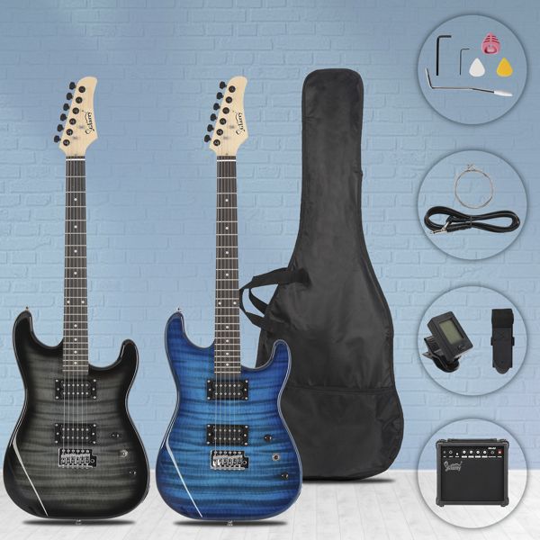 [Do Not Sell on Amazon] Glarry GST Stylish H-H Pickup Tiger Stripe Electric Guitar Kit with 20W AMP Bag Guitar Strap Blue