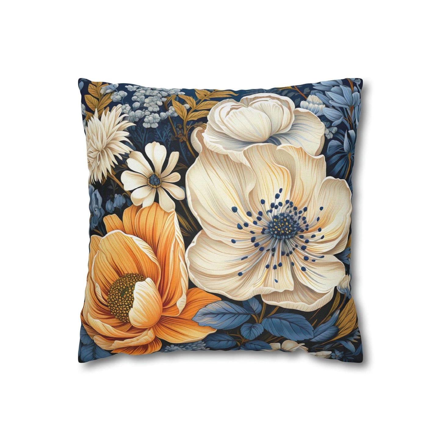 Decorative Throw Pillow Covers With Zipper - Set Of 2, Blue Floral Block Print Illustration