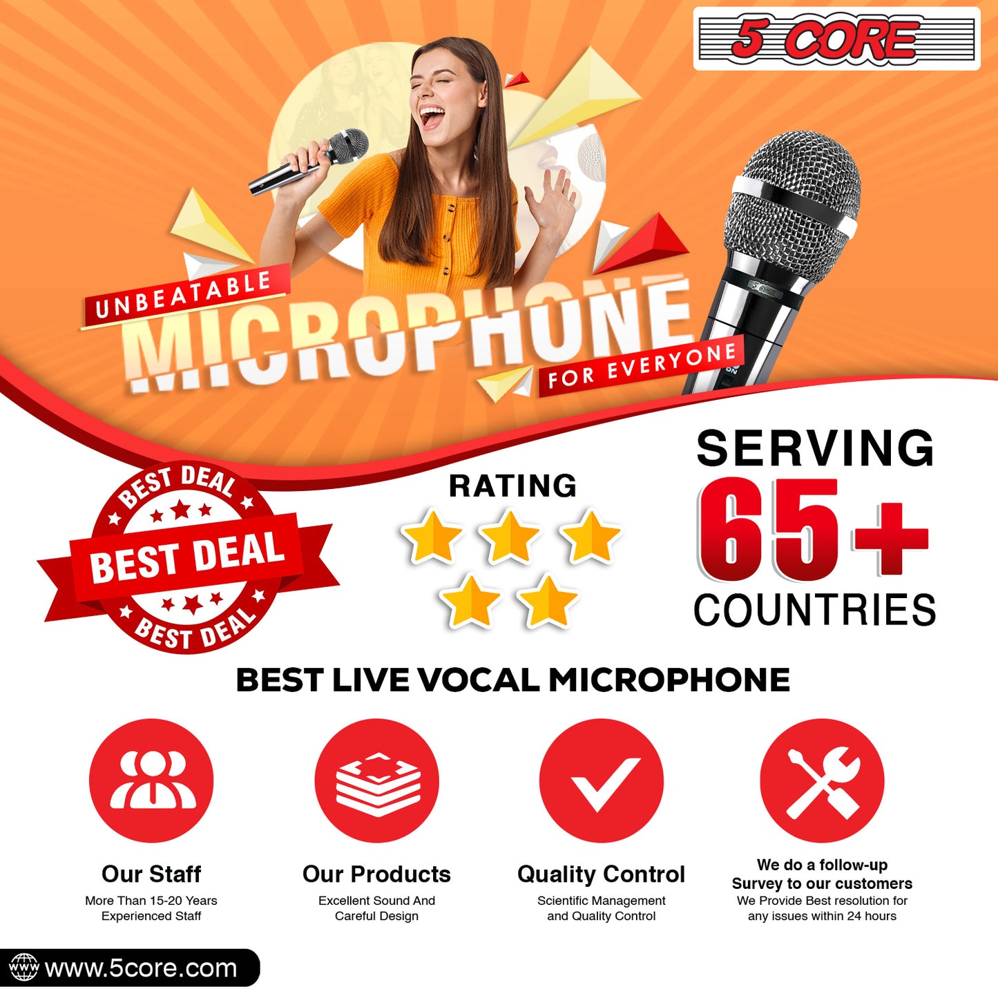 5 Core Microphone XLR Dynamic Mic Karaoke Singing Handheld Microfono Wired Professional Unidirectional 1/4 Plug In Cord Connection for Vocal DJ Music - PM 111 CH