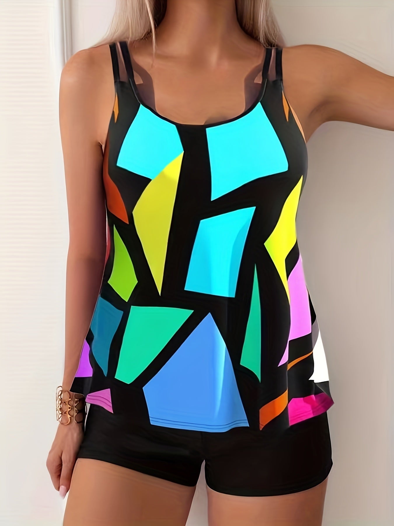 Geometric Pattern Multicolored Tankini Sets, Round Neck Boxer Short Bottom Two Pieces Swimsuit, Women's Swimwear & Clothing