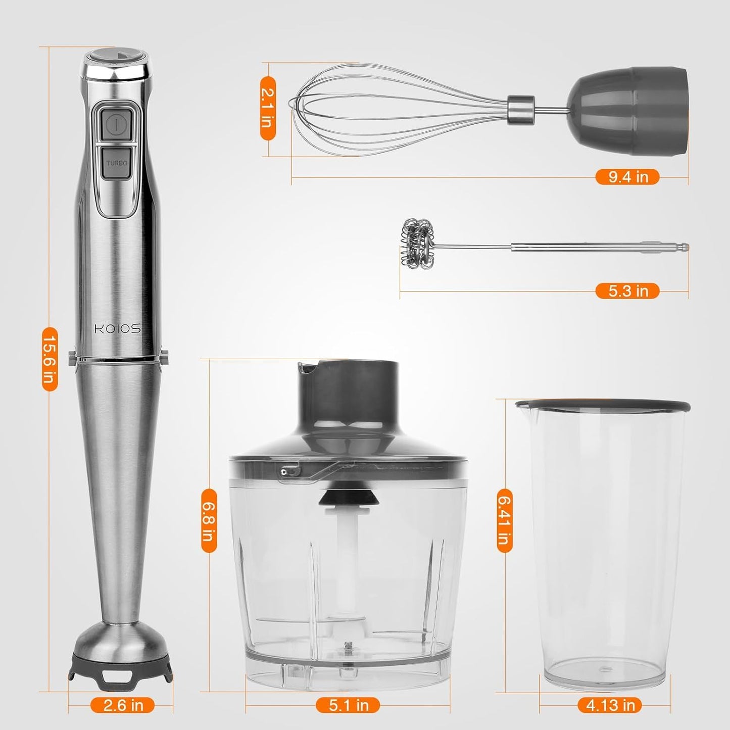 KOIOS 1100W Immersion Hand Blender, Stainless Steel Stick Blender with 12-Speed & Turbo Mode, 5-in-1 Handheld Blender with 600ml Mixing Beaker with Lid, 500ml Chopper, Whisk, Milk Frother, BPA-Free